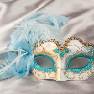 Turquoise baby piuma small masquerade mask with feathers