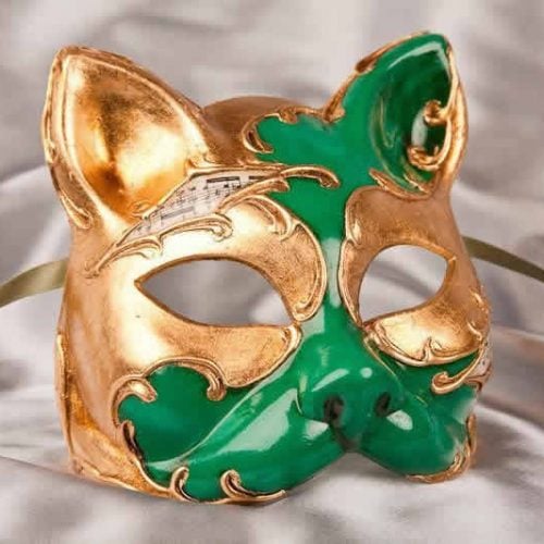 Venetian cat mask with musical notes and gold leaf in green