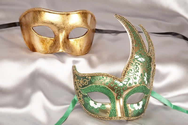 couples masquerade masks green gold