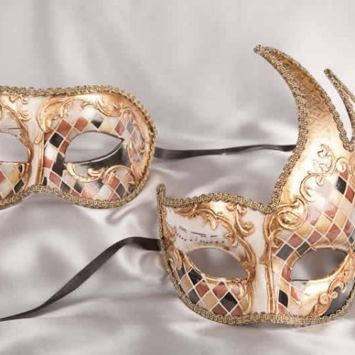 gold mosaic masquerade masks for a couple