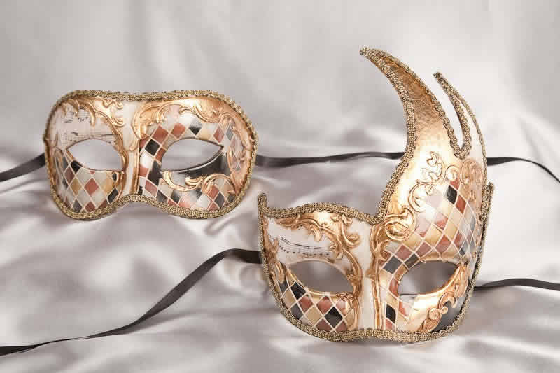 gold mosaic masquerade masks for a couple
