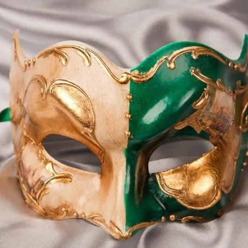 Green and gold Joker face masquerade mask with Venetian scenes