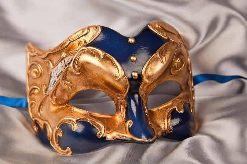 Blue Joker Face Masks with Musical Notes and Gold Leaf