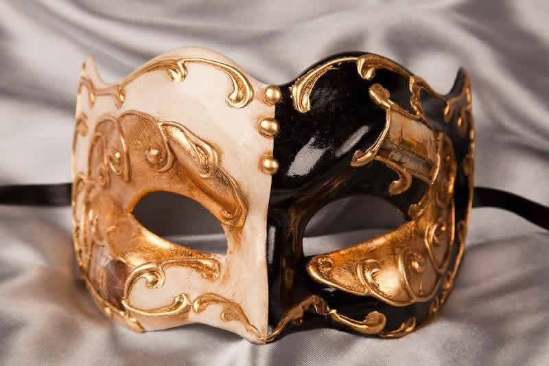 Black and gold Joker face masquerade mask with Venetian scenes