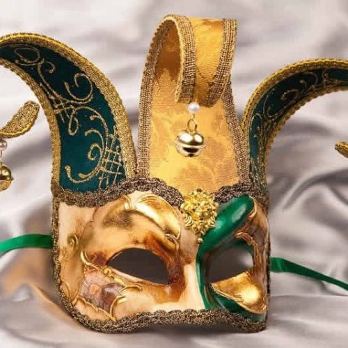 Green Joker jester masquerade ball mask with bells