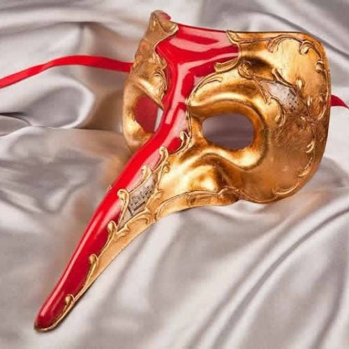 red and gold big nose masquerade mask