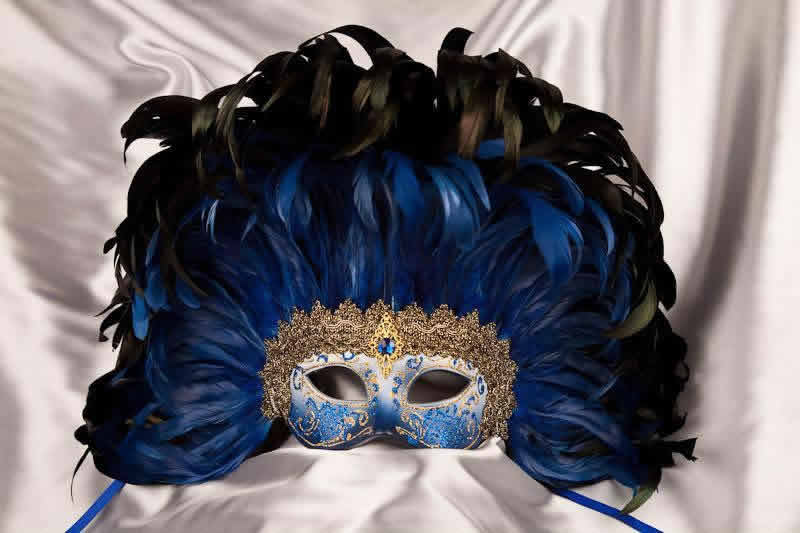 Moulin Rouge feather Mardi Gras mask in blue