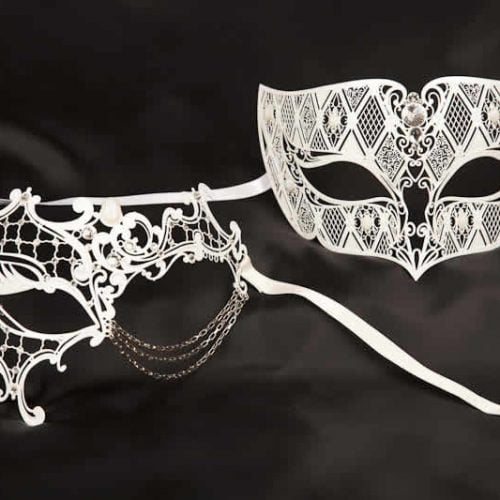 pair of white filigree metal Venetian masks with crystals and chain - Tomboy Phantom