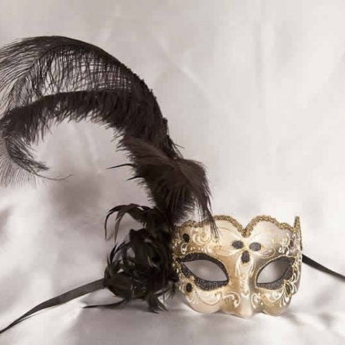 black and gold feathered mask