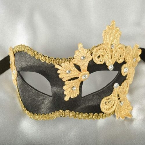 black and gold satin and lace masquerade mask