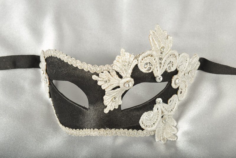 Black and silver satin and lace masquerade mask