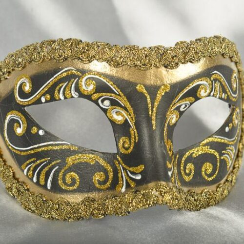 Black Paper Mache Venetian Masks with gold braiding and glitter