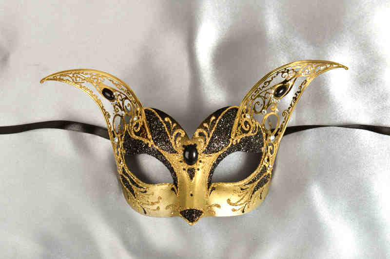 black and gold cat Venetian mask with metal ears