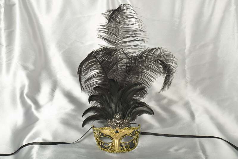 Luxury tall feather masquerade mask in black and gold