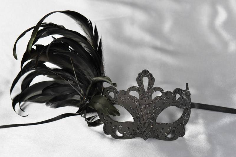 Paper Mache Venetian Mask with feathers in Black