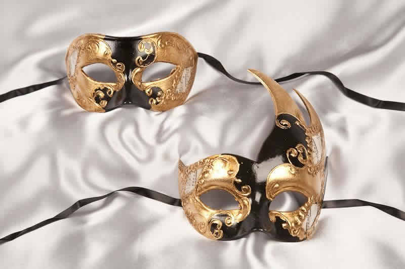 masquerade couples masks black and gold