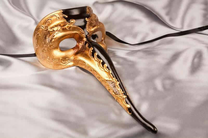 Black Venetian Long Nose Masks with Gold Leaf