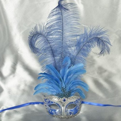 Luxury tall feather masquerade mask in blue