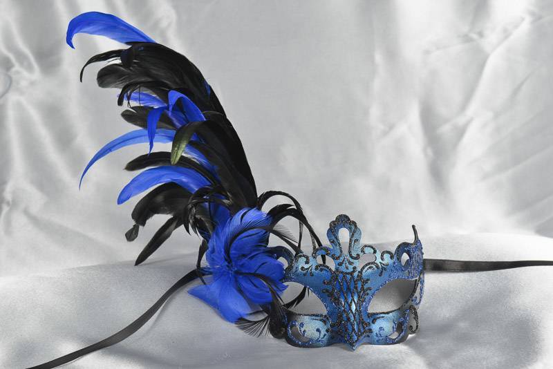 Luxury feather Venetian masquerade mask in black and blue