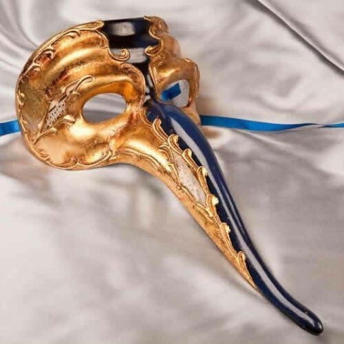 Blue Venetian Long Nose Masks with Gold Leaf