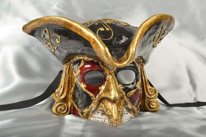 Red and Black Casanova Multi Harlequin Style Bauta Mask with Tricorn Hat