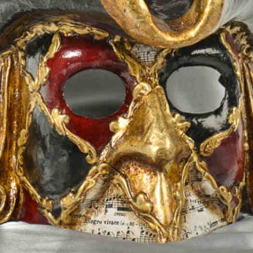 Red and Black Casanova Multi Harlequin Style Bauta Mask with Tricorn Hat