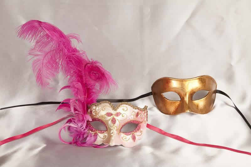 cerise pink gold ball masks for couple