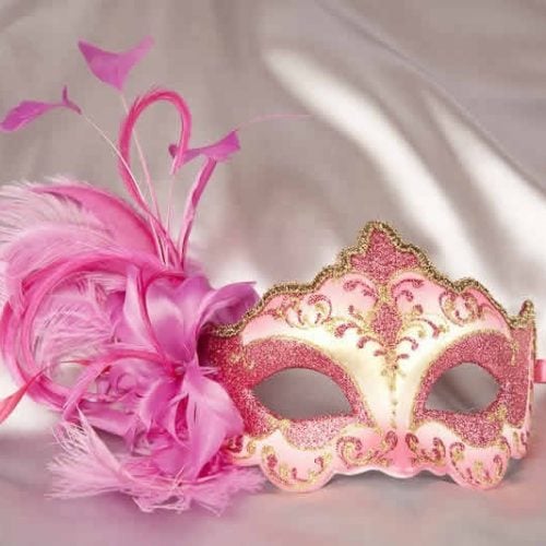 Cerise pink feathered masks - Daniela Gold