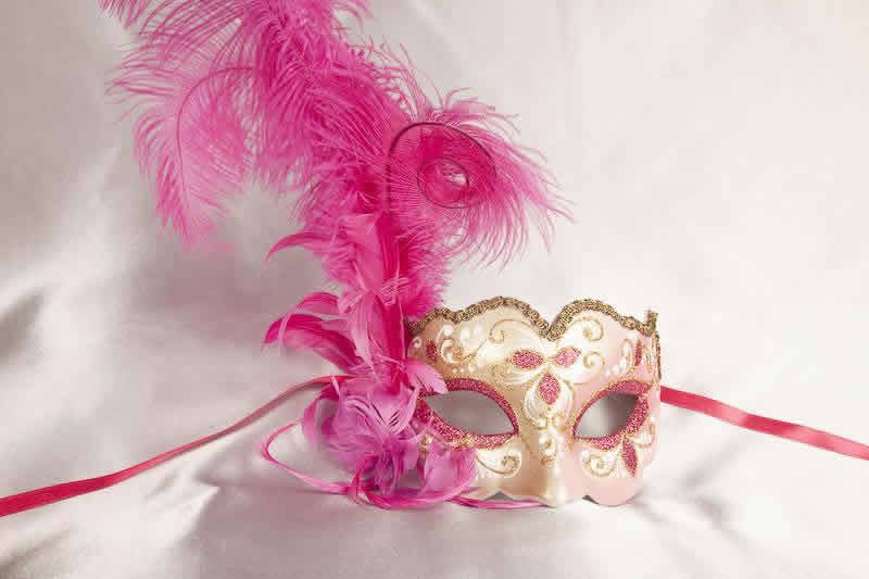 Cerise and gold feathered mask