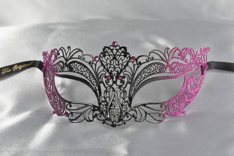 Filigree metal lace ball mask in cerise pink and black