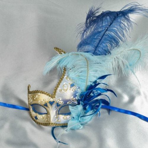 Two colour gold trim feathered ball mask for ladies in blue