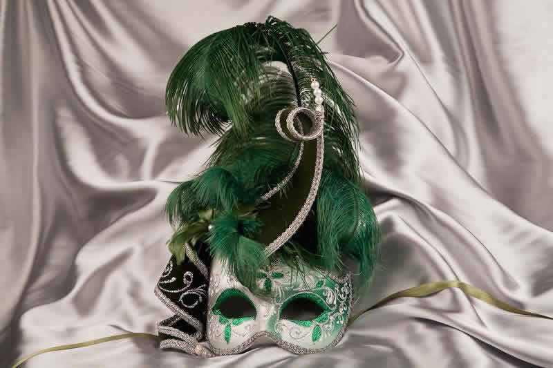 green and silver trim Venetian jolly mask with feathers and jester bells - Venezia Jolly