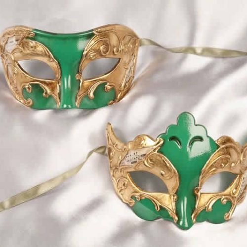 green and gold pair of masks