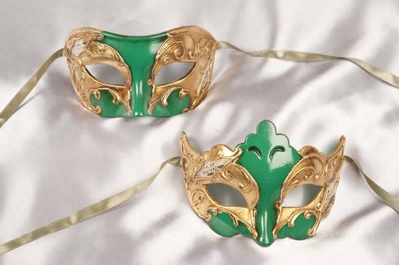 green and gold pair of masks