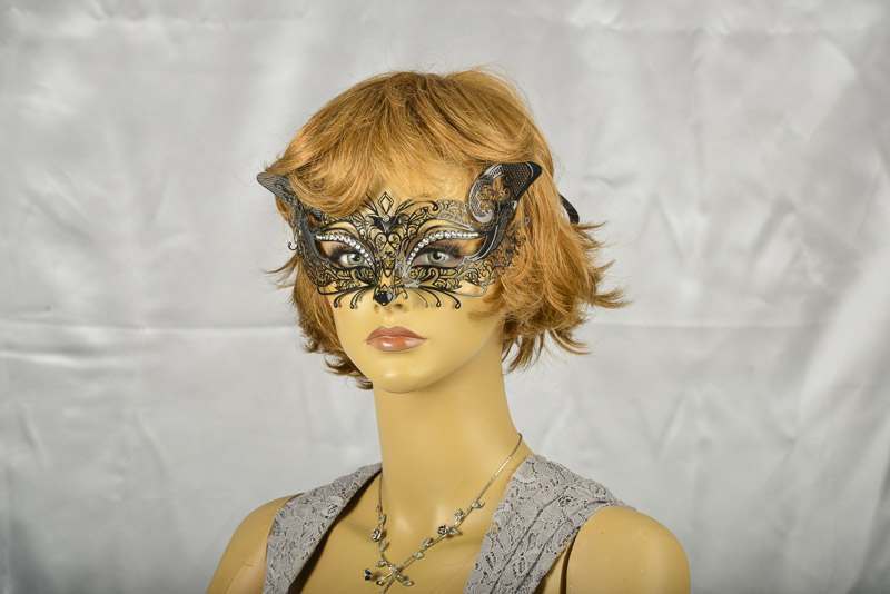 lace metal cat mask in black on face