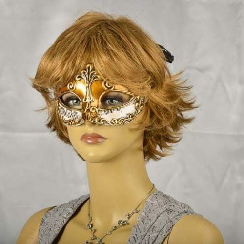 Gold Madam music masquerade mask on female model face