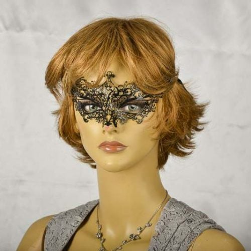 laser cut metal masquerade mask Ricciolina on model face