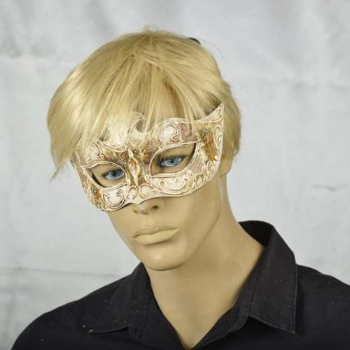 Antiqued Cream Budget Masquerade Masks on mans face