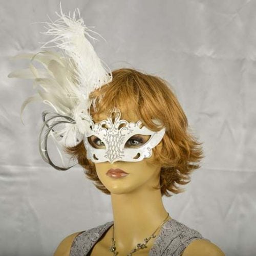 Luxury side feather Venetian masquerade mask on face of female