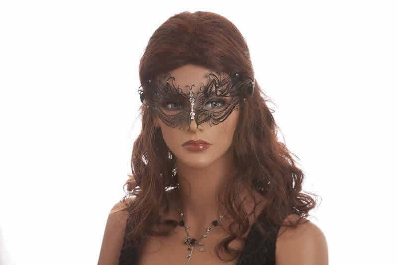 filigree metal lace mask shown on model