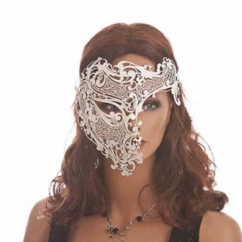 white Fantasma Dell Opera - King or Queen Luxury Filigree Metal Venetian Mask on womans face