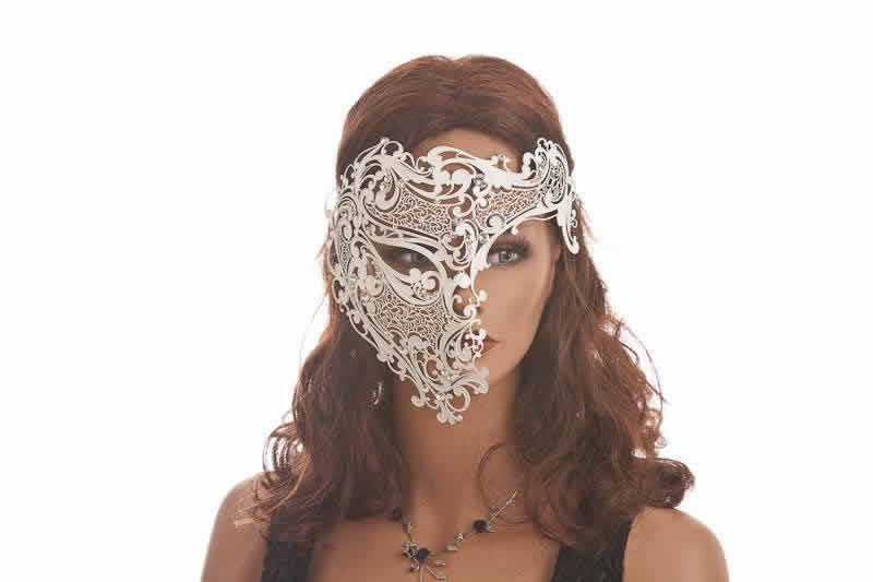 white Fantasma Dell Opera - King or Queen Luxury Filigree Metal Venetian Mask on womans face