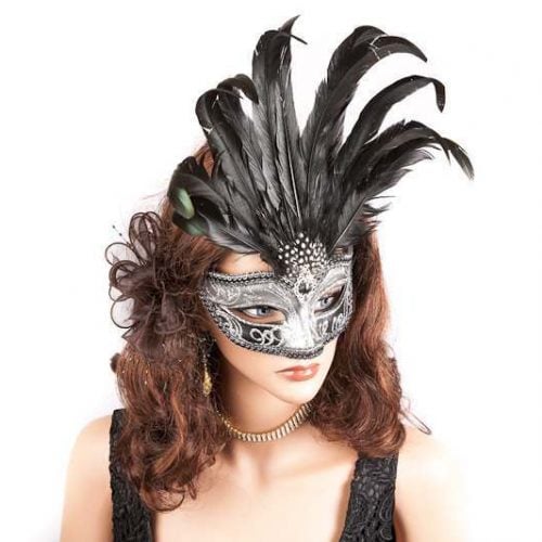 Ciuffo Silver feather masquerade mask on model