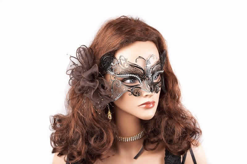 Luxury metal lace mask shown on model