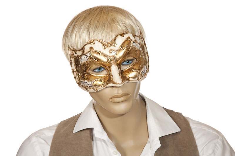 Joker Melody - Half Face Joker Masquerade Masks with Musical Notes in cream and gold on mans face