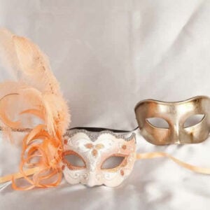 two peach silver masquerade masks