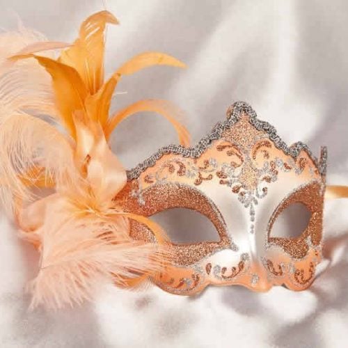 side feather masquerade mask in peach