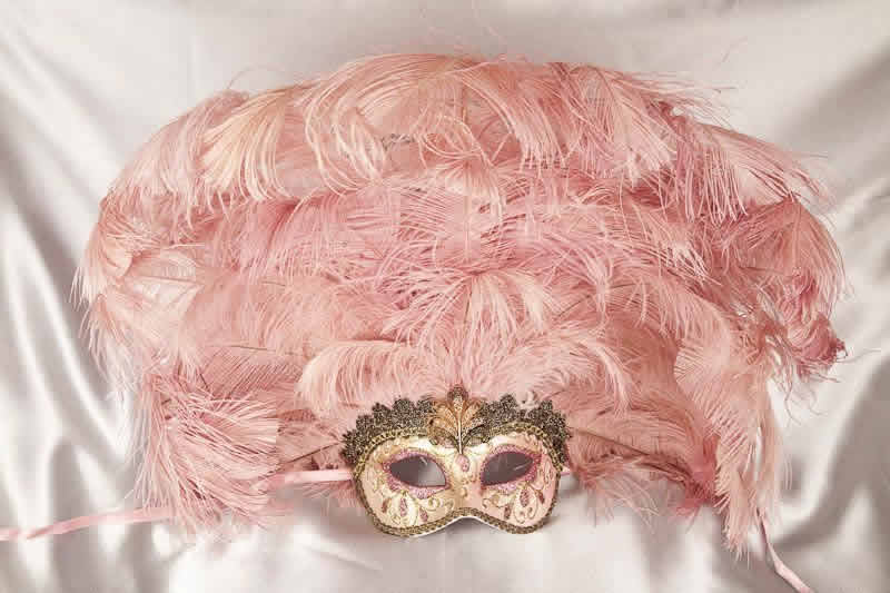 Full feathered Rio carnival mask for Venetian ball in gold and pink