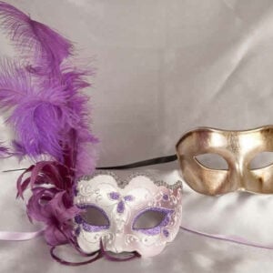 two purple silver masquerade masks