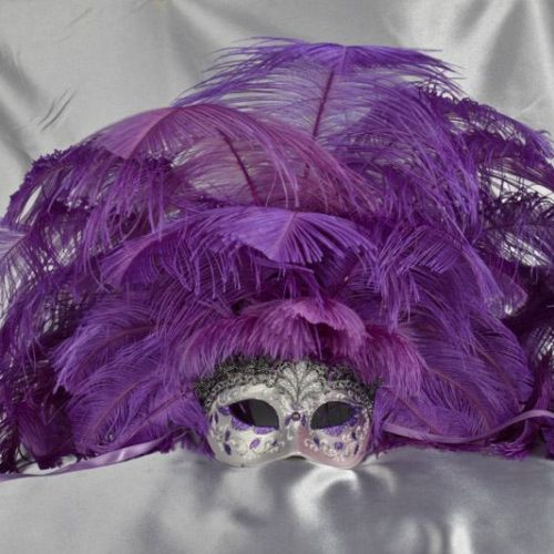 Full feathered Rio carnival mask in purple and silver